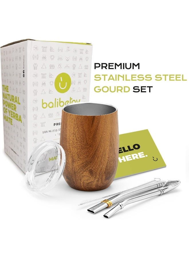 BALIBETOV Premium Stainless Steel Yerba Mate Gourd Set, 5 Pcs Including 12 oz Gourd with Lid, 2 Bombillas, Cleaning Brush | BPA Free, Insulated - Image 3
